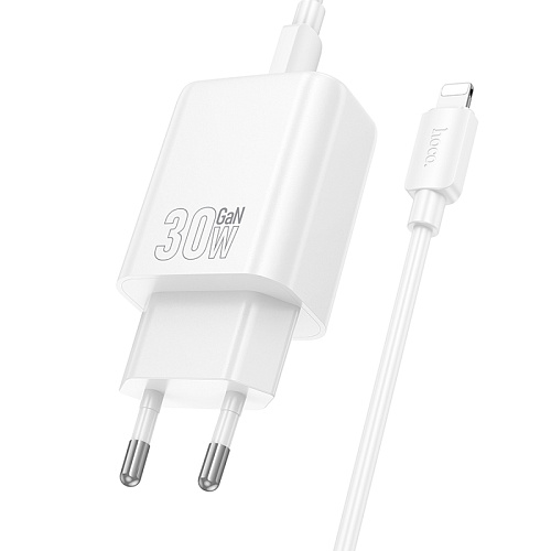 Сетевое зарядное устройство, 1 PD 30W + 1 USB 3.0 QC (N63), HOCO, Type-C to Lightning, белый