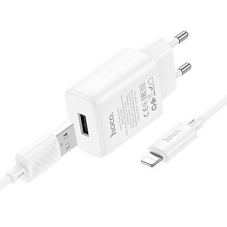 Сетевое зарядное устройство, 1 USB 2.4A (C134A), HOCO, Lighting, белый