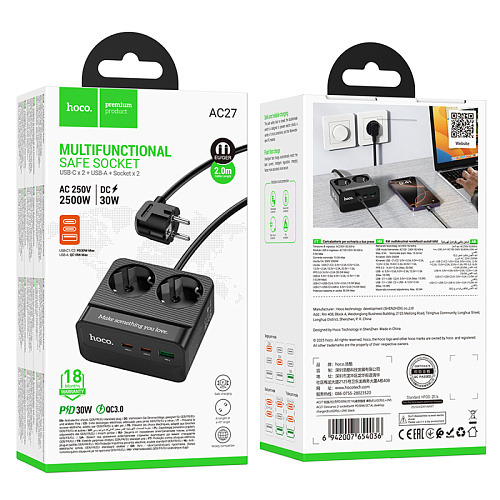 Сетевой фильтр на 2 розетки +1 USB+2 PD, 2м, AC27, HOCO, черный