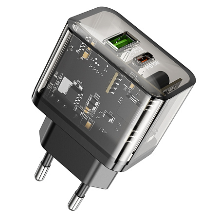 Сетевое зарядное устройство, 1 PD 20W + 1 USB 3.0 QC (N34), HOCO, прозрачный черный