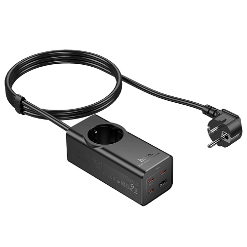 Сетевой фильтр на 1 розетка+1 USB+3 PD (67W), 2м, NS9, HOCO, черный