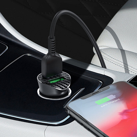 Автомобильное зарядное устройство, 2 USB 3.0 QC (Z39), 18W, HOCO, кабель lightning, черный