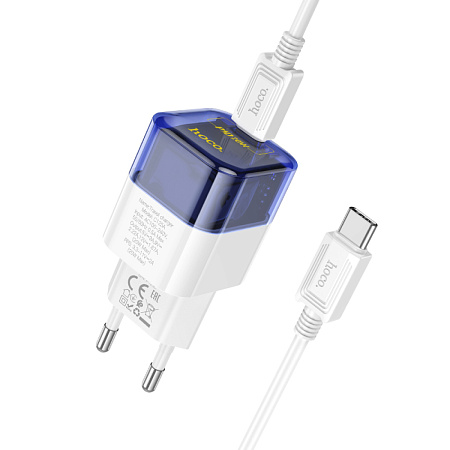 Сетевое зарядное устройство, 1 PD 20W (C125A), HOCO, Type-C to Type-C, прозрачный с синим