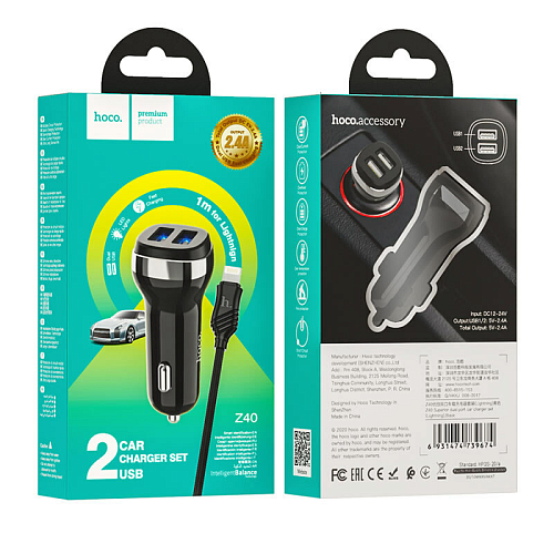 Автомобильное зарядное устройство, 2 USB 2.4A (Z40), usb cable lightning, HOCO, черный