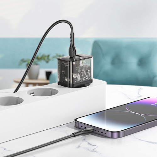 Сетевое зарядное устройство, 1 PD 20W + 1 USB 3.0 QC (N34), HOCO, Type-C to Lightning, прозрачный черный