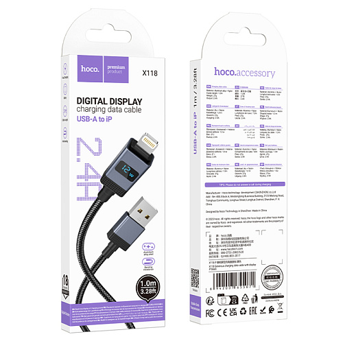 USB дата кабель Lightning, HOCO, X118, 1м, с дисплеем, черный
