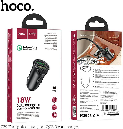 Автомобильное зарядное устройство, 2 USB 3.0 QC (Z39), 18W, HOCO, черный