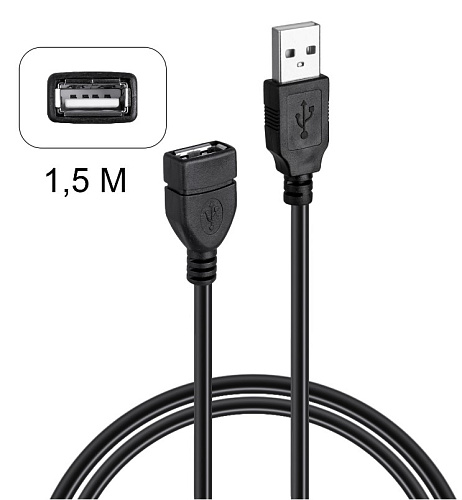 Кабель USB 2.0 удлинитель 1,5М, черный