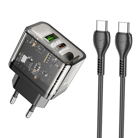 Сетевое зарядное устройство, 1 PD 20W + 1 USB 3.0 QC (N34), HOCO, Type-C to Type-C, прозрачный черный