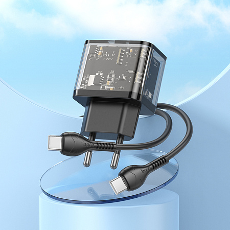 Сетевое зарядное устройство, 1 PD 20W + 1 USB 3.0 QC (N34), HOCO, Type-C to Type-C, прозрачный черный