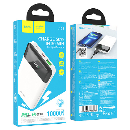 Универсальный Доп. Аккумулятор 10000mAh, J102, HOCO, выход: 1 USB (18W)+1 PD 20W, белый