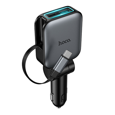 Автомобильное зарядное устройство, 1 USB QC3.0+1 PD 30W + кабель Type-C выдвижной (Z67), HOCO, черный