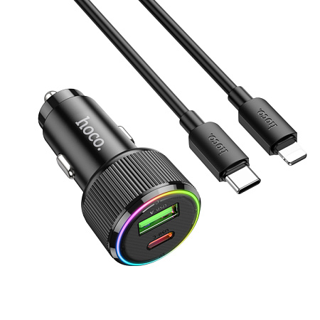 Автомобильное зарядное устройство, 1 USB QC3.0 18W, 1 PD 20W (NZ14A), HOCO, кабель Type-С to Lightning, черный