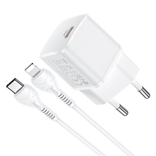 Сетевое зарядное устройство, 1 PD 20W + 1 USB 3.0 QC (N10), HOCO, Type-C to Lightning, mini, Умная зарядка, белый
