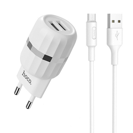 Сетевое зарядное устройство, 2 USB 2.4A (C41A), HOCO, Micro, белый