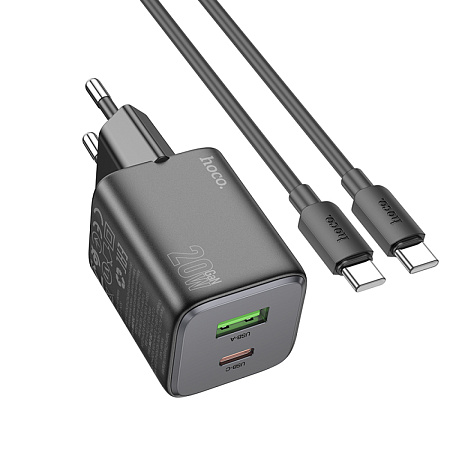 Сетевое зарядное устройство, 1 PD 20W + 1 USB 3.0 QC (N41), HOCO, Type-C to Type-C, черный