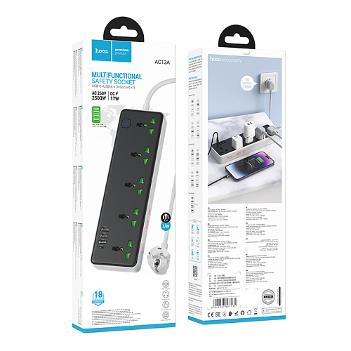 Сетевой фильтр на 5 розеток+3 USB+1 PD, 1.5м, AC13A, HOCO, черный