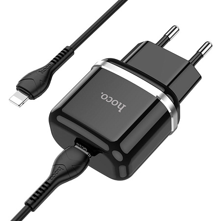 Сетевое зарядное устройство, 1 PD 20W + 1 USB 3.0 QC (N24), HOCO, Type-C to Lightning, черный