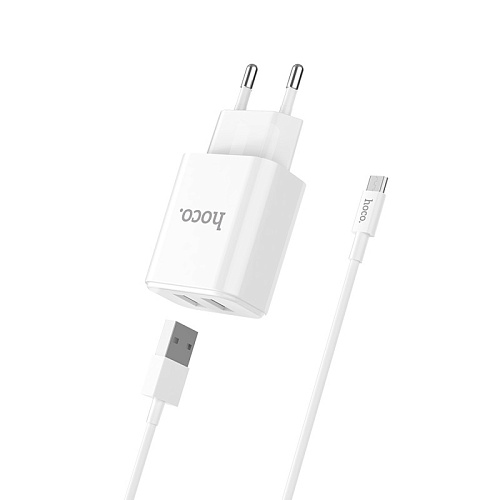 Сетевое зарядное устройство, 2 USB 2.1A (C62A), HOCO, Micro, Умная зарядка, белый
