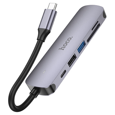 USB Хаб (HB28) c 1 Type-C на 1 USB 3.0 + 1 USB 2.0+1 USB-C+HDMI+MicroSD+SD, HOCO, металлический серый