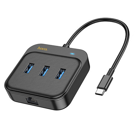 USB Хаб (HB35) с 1 Type-C на 3 USB 3.0+RJ45, HOCO, L=0.2M, черный