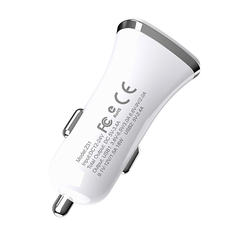 Автомобильное зарядное устройство, 2 USB 3.4A 18W QC3.0 (Z31), белый