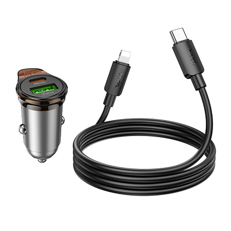 Автомобильное зарядное устройство, 1 USB QC3.0 18W, 1 PD 25W (NZ16A), HOCO, Type-C to Lightning, серый