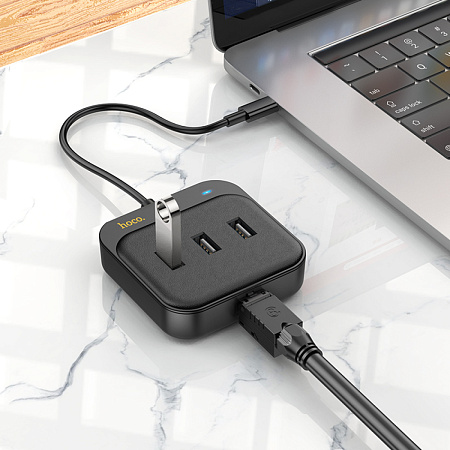 USB Хаб (HB35) с 1 Type-C на 3 USB 2.0+RJ45, HOCO, L=0.2M, черный
