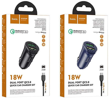 Автомобильное зарядное устройство, 2 USB 3.0 QC (Z39), 18W, HOCO, кабель Type-C, черный