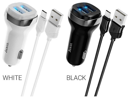 Автомобильное зарядное устройство, 2 USB 2.4A (Z40), usb cable Type-C, HOCO, черный