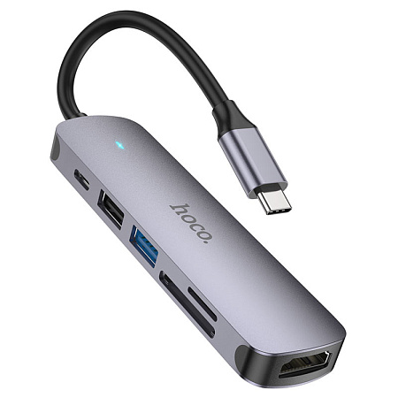 USB Хаб (HB28) c 1 Type-C на 1 USB 3.0 + 1 USB 2.0+1 USB-C+HDMI+MicroSD+SD, HOCO, металлический серый
