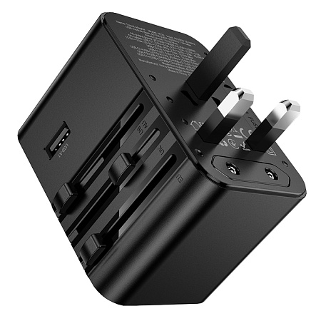 Переходник на розетку (все виды), 3 PD+2 USB, AC32, HOCO, черный