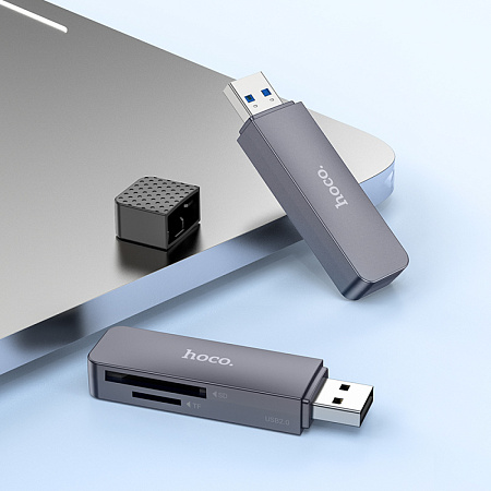 Картридер 2 в 1, USB 2.0, HB45, HOCO, поддержка TF/SD карт, серый