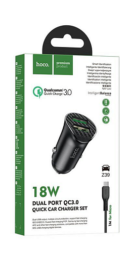 Автомобильное зарядное устройство, 2 USB 3.0 QC (Z39), 18W, HOCO, кабель Micro, черный