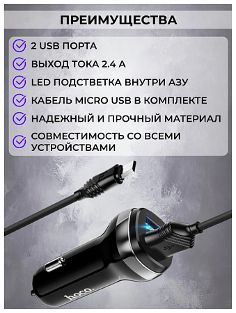 Автомобильное зарядное устройство, 2 USB 2.4A (Z40), usb cable Type-C, HOCO, черный