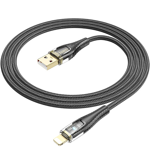 USB дата кабель Lightning, HOCO, U121, 1.2м, прозрачный черный