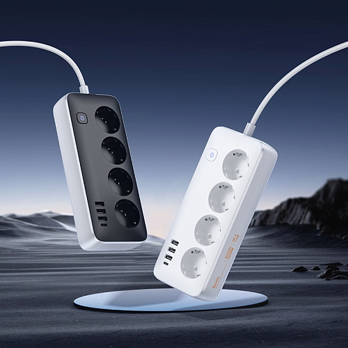 Сетевой фильтр на 4 розетки+3 USB+1 PD, 1.5 м, AC21, Sunlight, HOCO, черный