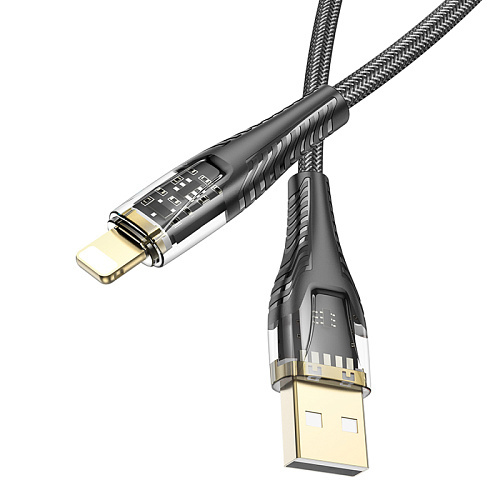 USB дата кабель Lightning, HOCO, U121, 1.2м, прозрачный черный