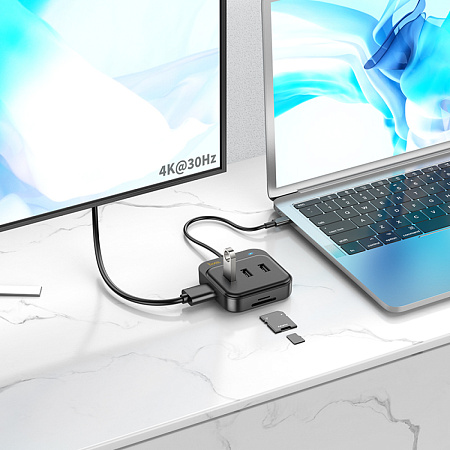 USB Хаб (HB38) с 1 Type-C на HDMI+SD/TF+1 USB 3.0+2 USB 2.0+1 PD, HOCO, черный