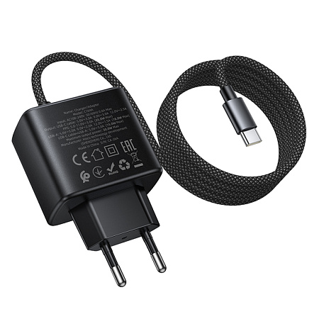 Сетевое зарядное устройство, 1 Type-C 25W + 1 USB 3.0 QC (C164A), HOCO, встроенный кабель Type-C, черный
