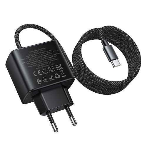 Сетевое зарядное устройство, 1 Type-C 25W + 1 USB 3.0 QC (C164A), HOCO, встроенный кабель Type-C, черный
