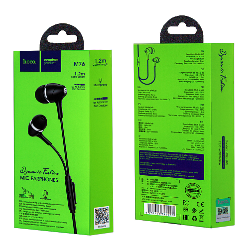 Проводные наушники M76 Maya universal earphones, HOCO, вакуумные с микрофоном, черные