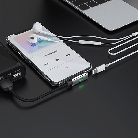 Переходник с Lightning на USB кабель(для зарядки)+наушники lightning, LS28, Hoco