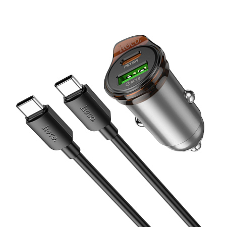 Автомобильное зарядное устройство, 1 USB QC3.0 18W, 1 PD 25W (NZ16A), HOCO, Type-C to Type-C, серый