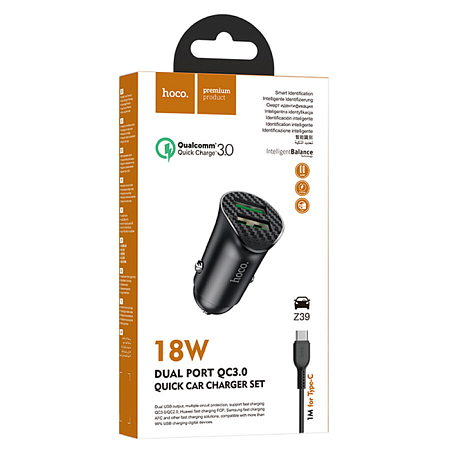 Автомобильное зарядное устройство, 2 USB 3.0 QC (Z39), 18W, HOCO, кабель Type-C, черный