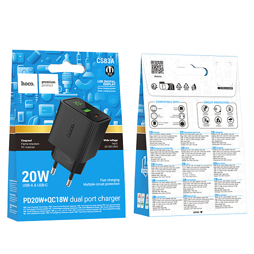Сетевое зарядное устройство, 1 PD 20W + 1 USB 3.0 QC (CS83A), HOCO, с дисплеем, черный