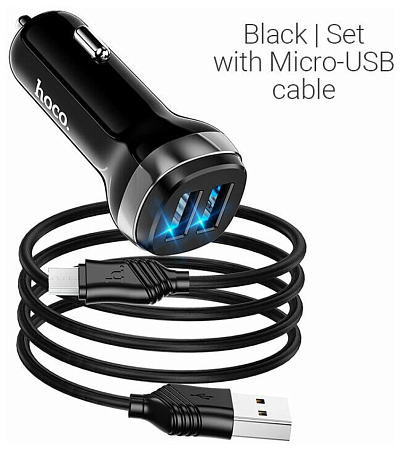 Автомобильное зарядное устройство, 2 USB 2.4A (Z40), usb cable Type-C, HOCO, черный