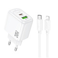 Сетевое зарядное устройство, 1 USB 3.0 QC+1 PD 30W (CS55A), HOCO, Type-C to Lightning, белый