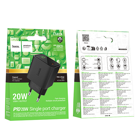 Сетевое зарядное устройство, 1 PD 20W  (CS82A), HOCO, с дисплеем, черный