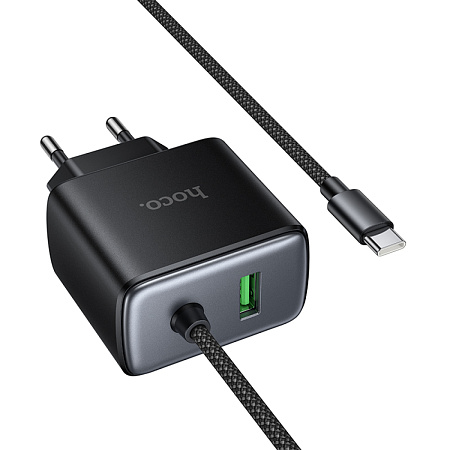 Сетевое зарядное устройство, 1 Type-C 25W + 1 USB 3.0 QC (C164A), HOCO, встроенный кабель Type-C, черный